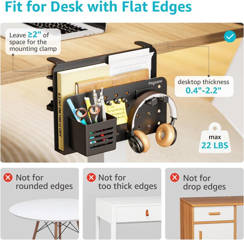 PEGZONE Desk Side Storage Organizer, No Drill Under Desk Laptop Holder, Clamp on Desks Shelf with Pegboard Accessories, Hanging Laptop Mount, Fits Flat Edge 0.4" to 2.2", Black - Image 3